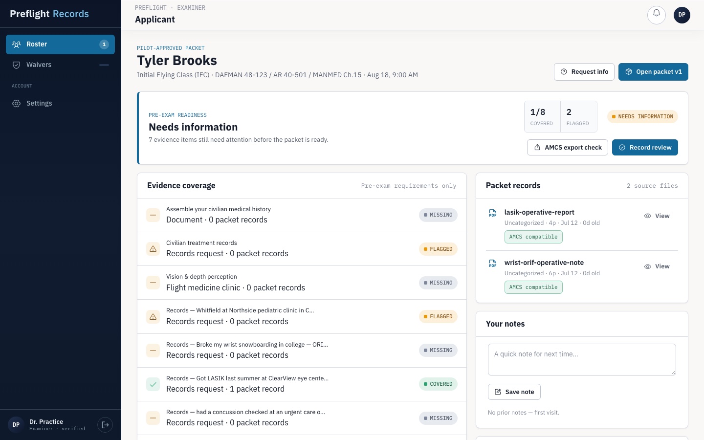 Preflight Records AME applicant briefing showing share scope, selected records, and follow-up actions